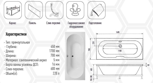Акриловая ванна Eurolux SIBARIS 170x70 E1017070033 Акриловая ванна Eurolux SIBARIS 170x70 E1017070033