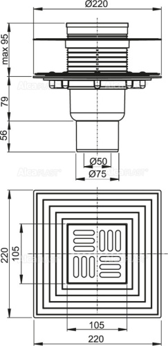 Сливной трап Alcaplast 105х105/50/75 мм, прямая подводка, решетка и фланец из нержавеющей стали, воротник – 2–х уровневая изоляция, гидрозатвор – сухой и мокрый APV4344 Сливной трап Alcaplast 105х105/50/75 мм, прямая подводка, решетка и фланец из нержавеющей стали, воротник – 2–х уровневая изоляция, гидрозатвор – сухой и мокрый APV4344